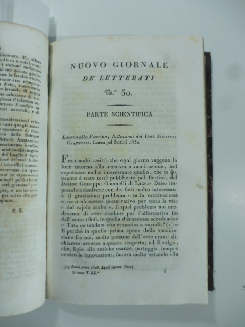 Intorno alla vaccina. Riflessioni del Dott. Giuseppe Giannelli. Lucca pel Bertini 1830. (Stralcio da: Nuovo giornale de' letterati. N. 50. 1830)